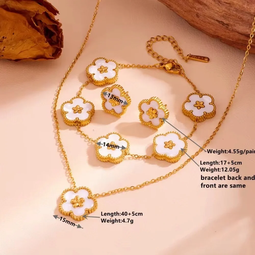 18K Gold Black Plum Blossom 5 Leaf  Necklace, Earrings & Bracelet Set No Fade
